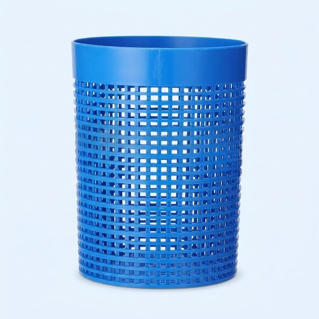 A bright blue plastic cylindrical container with a perforated grid pattern on the body and a solid blue rim, shown against a light blue background.