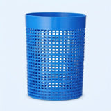 A bright blue plastic cylindrical container with a perforated grid pattern on the body and a solid blue rim, shown against a light blue background.