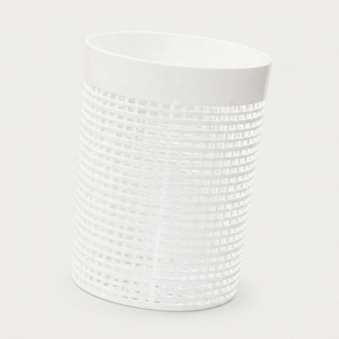 A white cylindrical cup or tumbler with a textured, woven-like pattern on the lower half, shown against a plain white background.