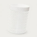 A white cylindrical cup or tumbler with a textured, woven-like pattern on the lower half, shown against a plain white background.