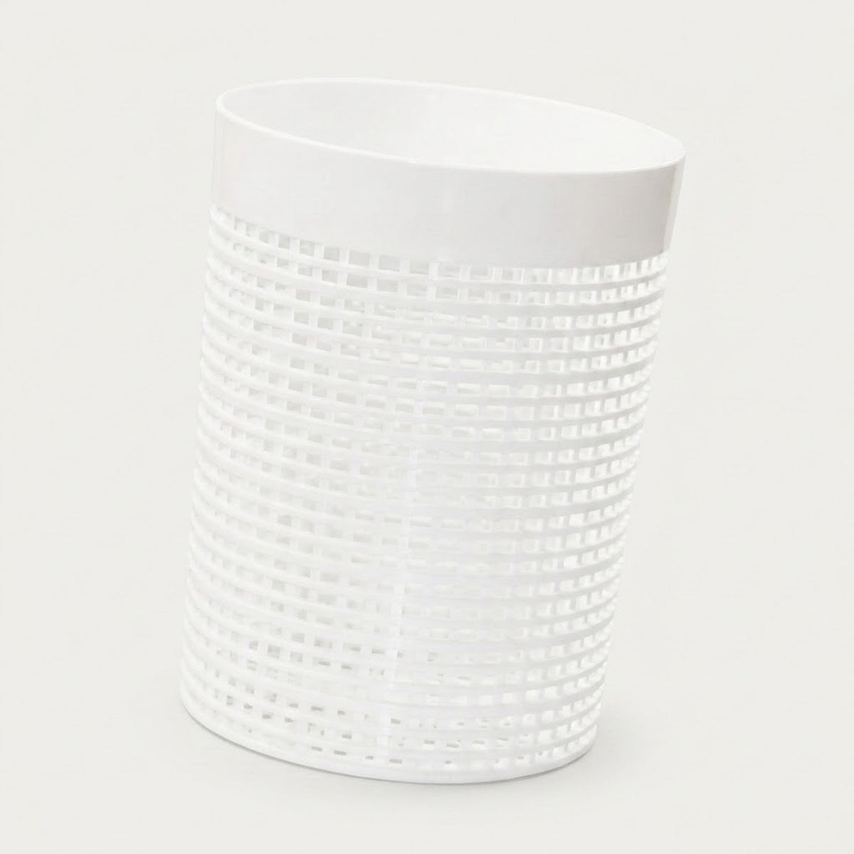 A white cylindrical cup or tumbler with a textured, woven-like pattern on the lower half, shown against a plain white background.