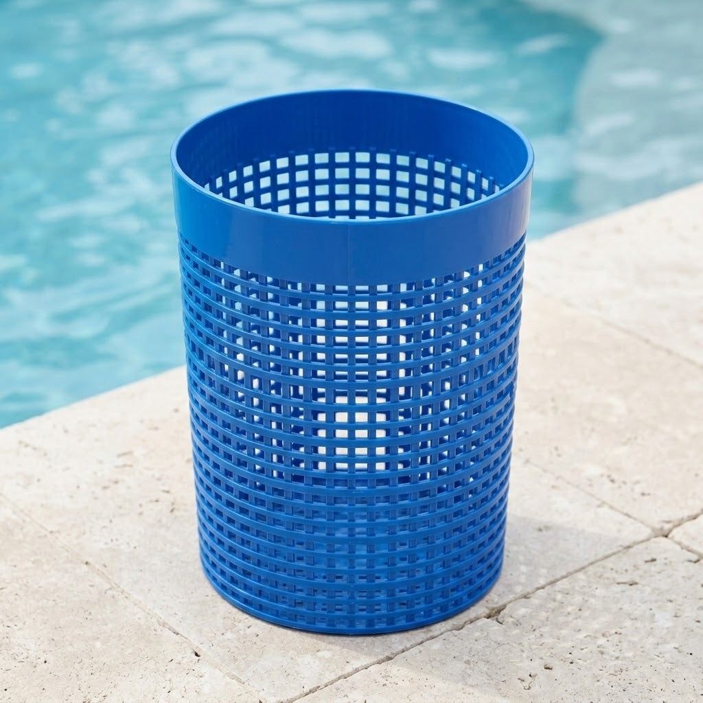 A bright blue plastic mesh trash can with a solid rim, placed on a light stone deck next to a swimming pool.