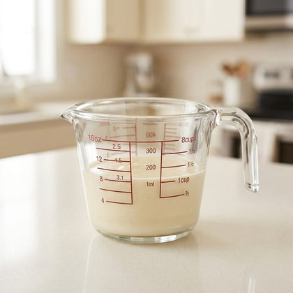 A clear glass measuring cup with red measurement markings, filled with a light beige liquid, sitting on a kitchen counter with a blurred kitchen background.