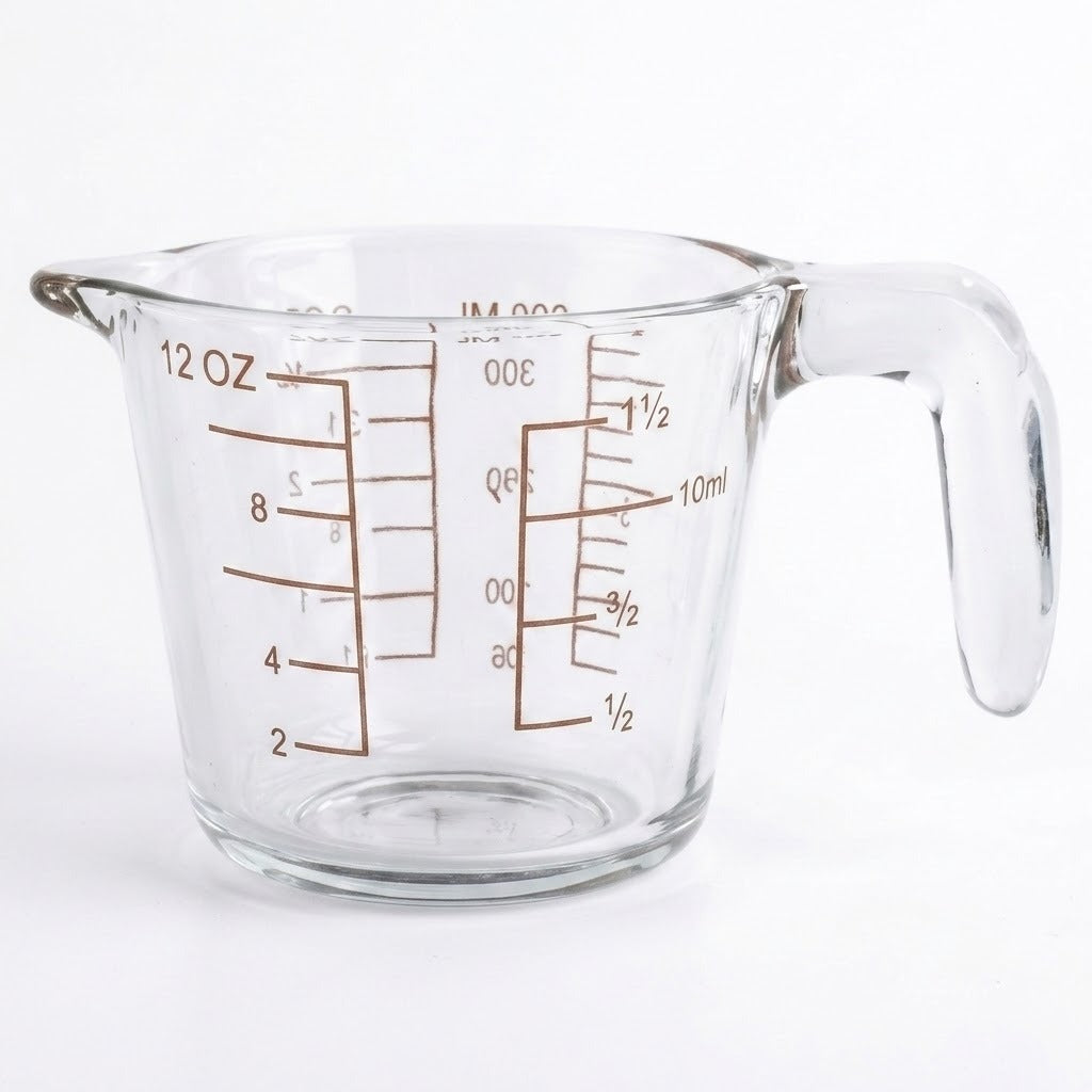 A clear glass measuring cup with a handle, featuring brown printed measurement markings for ounces and milliliters, set against a plain white background.