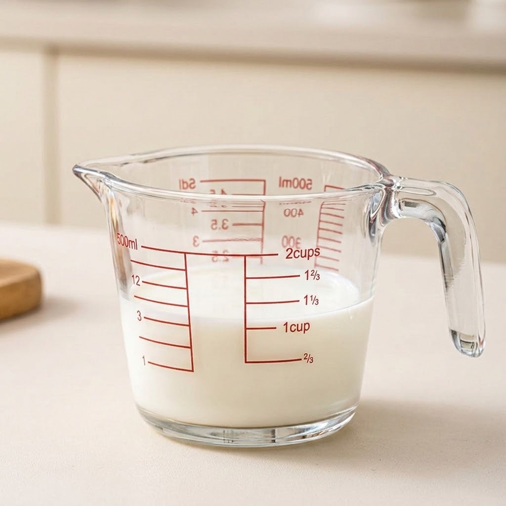 Clear glass measuring cup with red measurement markings, filled with white milk, sitting on a light beige countertop.