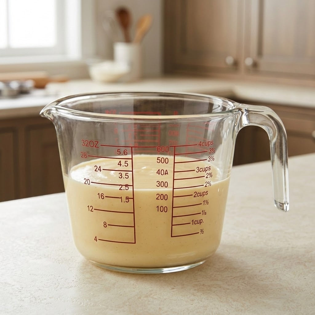 A clear glass measuring cup with red measurement markings, filled with a pale yellow liquid, sitting on a light countertop in a softly blurred kitchen setting.