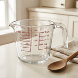 A clear glass measuring cup with red measurement markings sits on a light countertop in a kitchen setting, with a wooden spoon and folded cloth beside it.