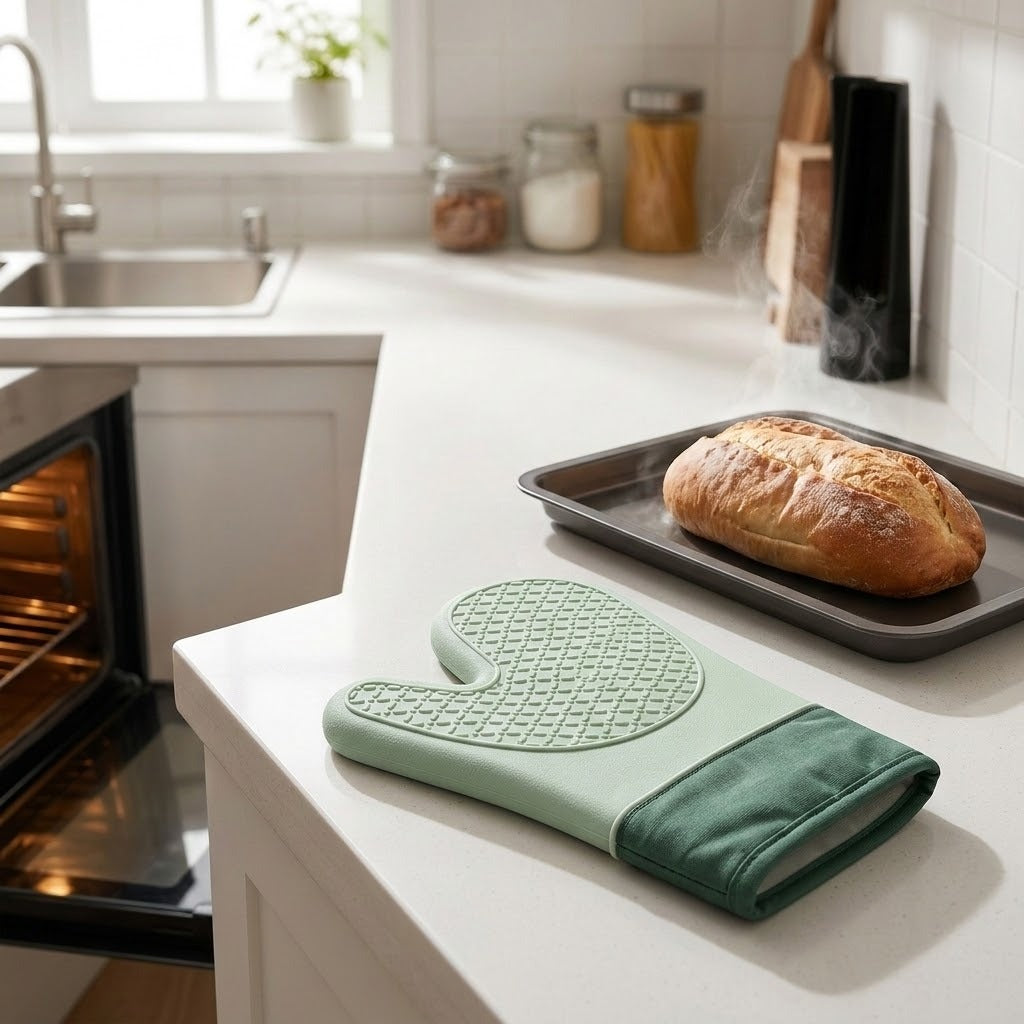 A sage green silicone oven mitt with a textured grip and a dark green cuff rests on a white kitchen countertop next to a baking tray holding a loaf of bread.