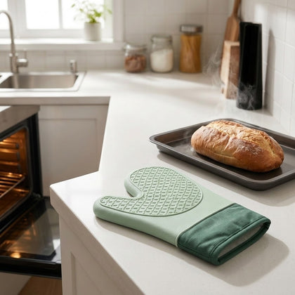 A sage green silicone oven mitt with a textured grip and a dark green cuff rests on a white kitchen countertop next to a baking tray holding a loaf of bread.