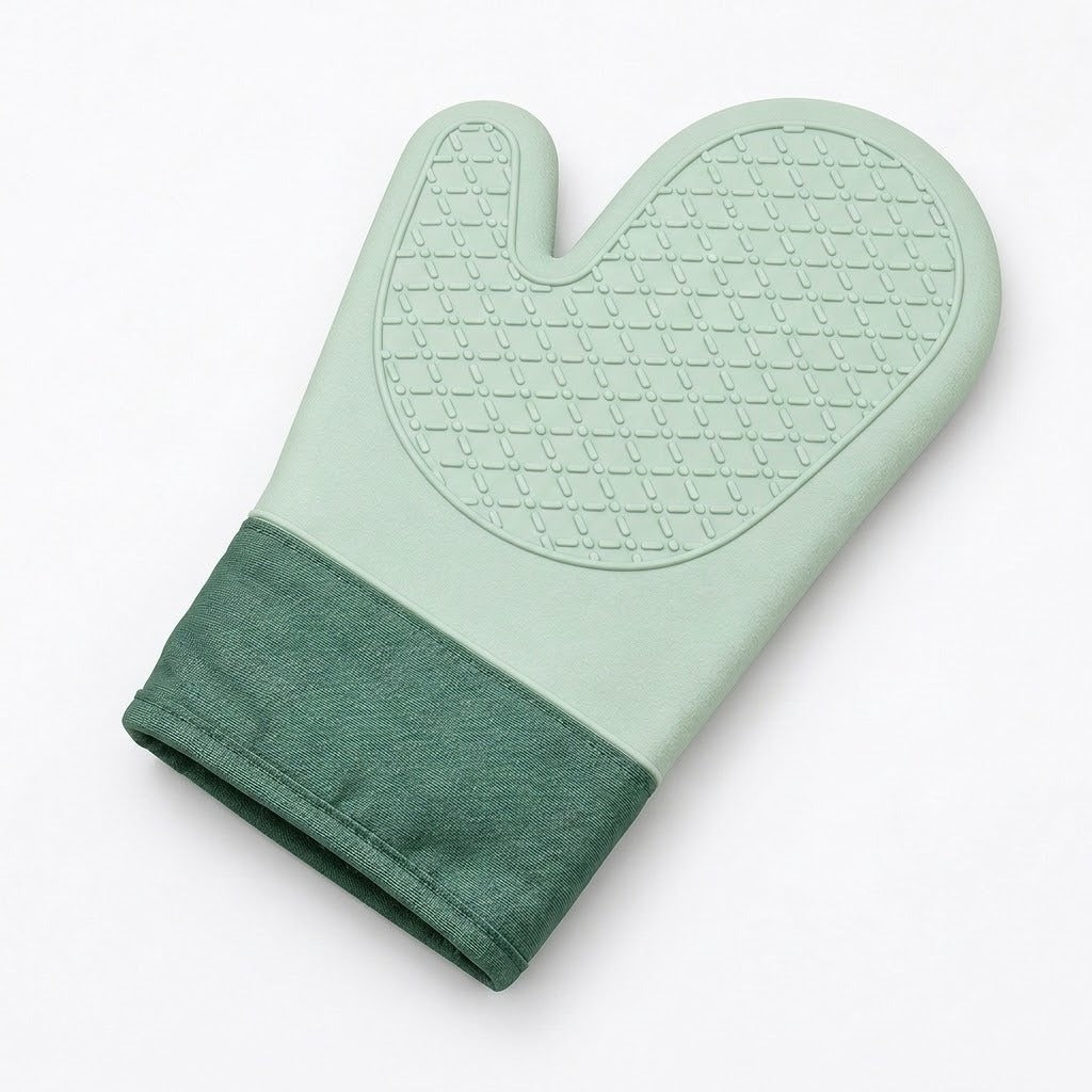 A silicone oven mitt in a light mint green color with a darker green ribbed fabric cuff, featuring a textured non-slip pattern on the palm side, shown on a plain white background.