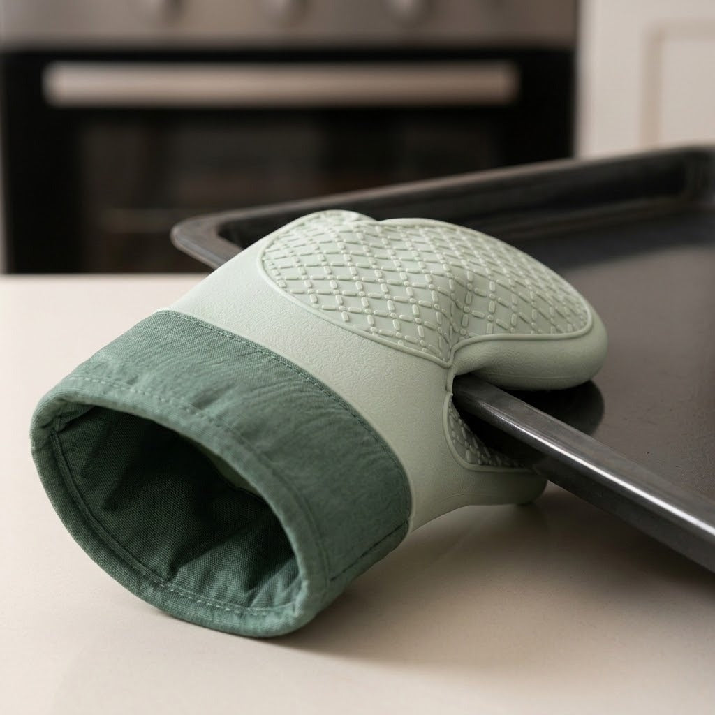 A sage green silicone oven mitt with a textured diamond-patterned top and a darker green cuff, resting on a black baking tray on a light countertop with a blurred kitchen oven in the background.