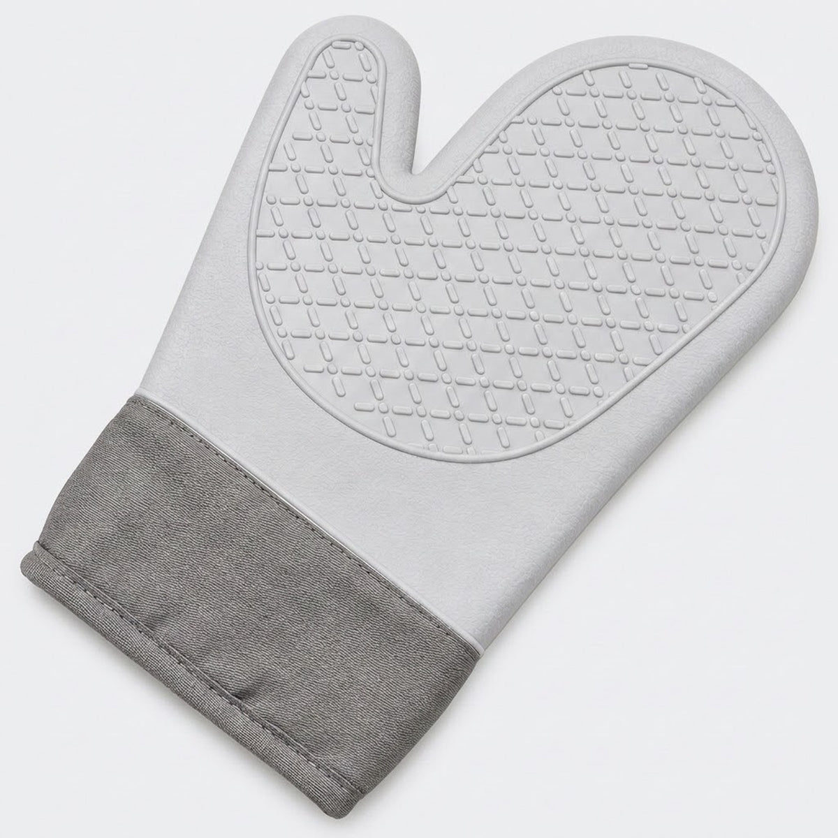 A light gray silicone oven mitt with a textured non-slip pattern on the palm side and a contrasting medium gray fabric cuff, shown on a light gray background.