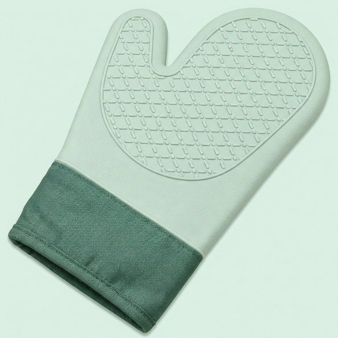 A silicone oven mitt with a textured non-slip grip on the palm side and a solid fabric cuff, shown on a solid pale mint green background.