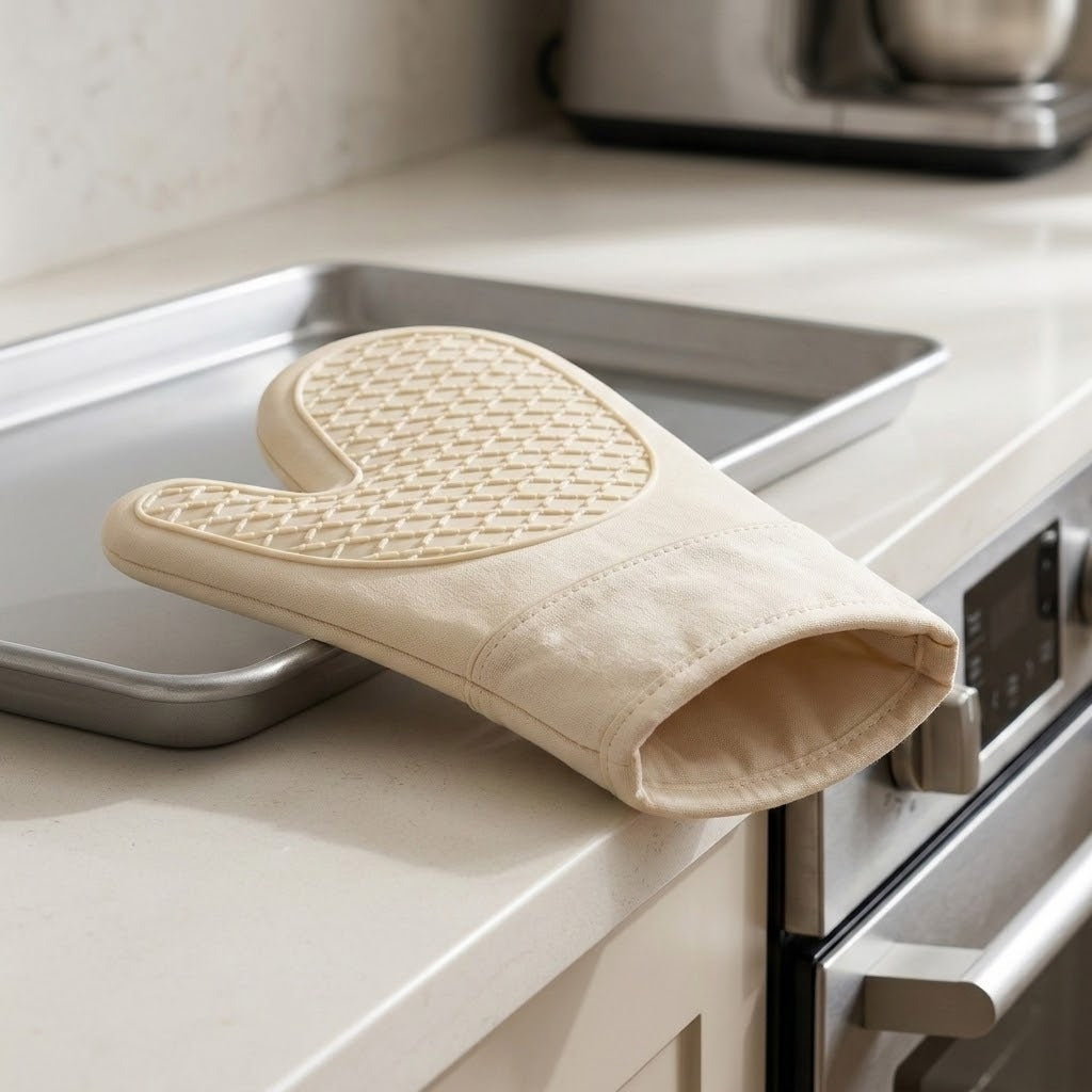 A beige fabric oven mitt with a textured non-slip grip, resting on a stainless steel baking tray on a light beige kitchen countertop next to a built-in oven.