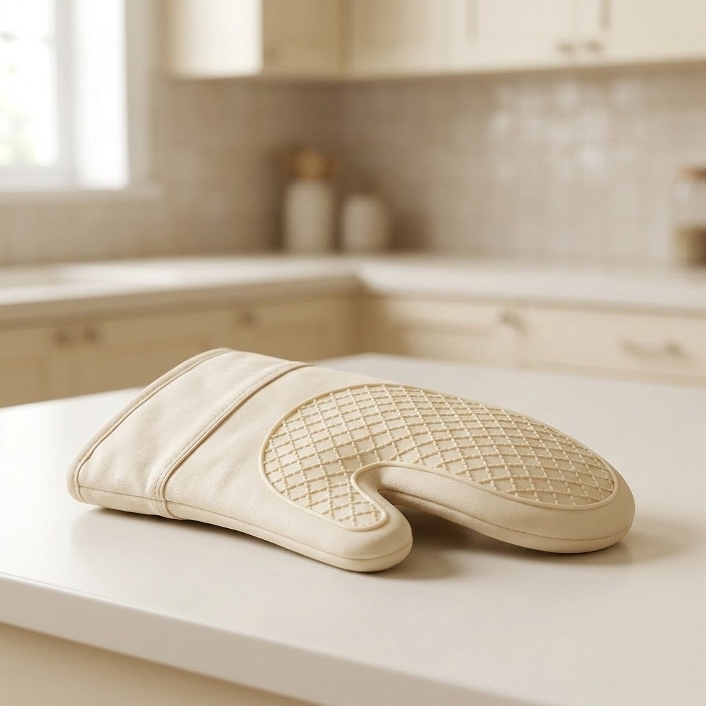 A cream-colored oven mitt with a quilted diamond-patterned grip, resting on a white kitchen countertop with a softly blurred kitchen background.