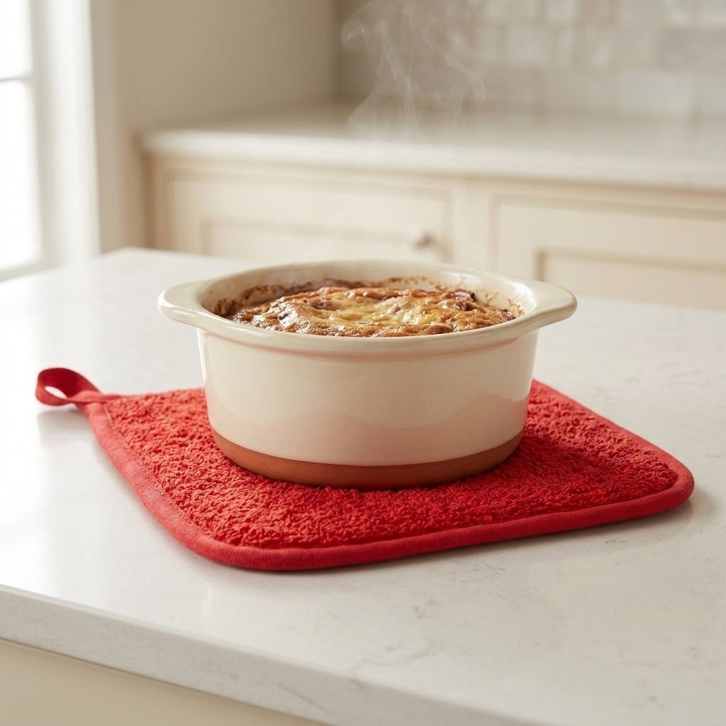 A cream-colored ceramic baking dish with a brown base sits on a red textured potholder on a white kitchen countertop, with a baked dish inside and steam rising.