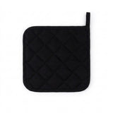 A black quilted pot holder with a diamond pattern and a small loop at the top right, shown on a plain white background.