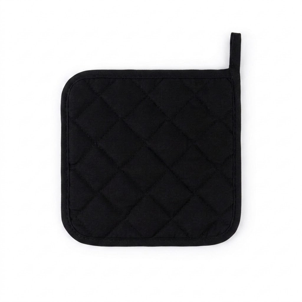 A black quilted pot holder with a diamond pattern and a small loop at the top right, shown on a plain white background.