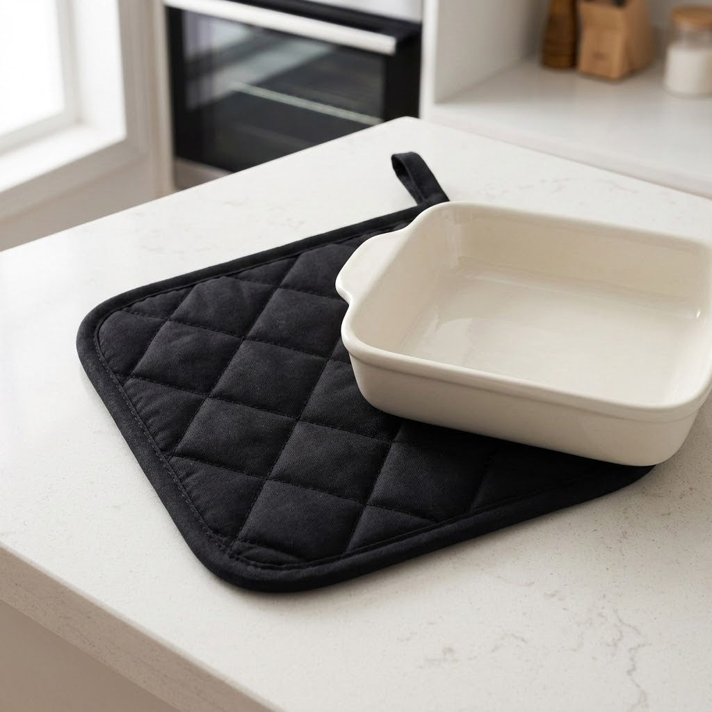 A black quilted oven mitt with a handle resting on a white countertop, with a white ceramic baking dish placed on top.