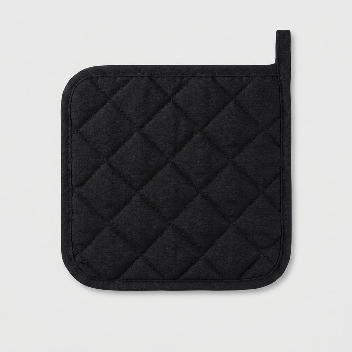 A black quilted pot holder with a diamond pattern and a loop handle, shown on a light gray background.