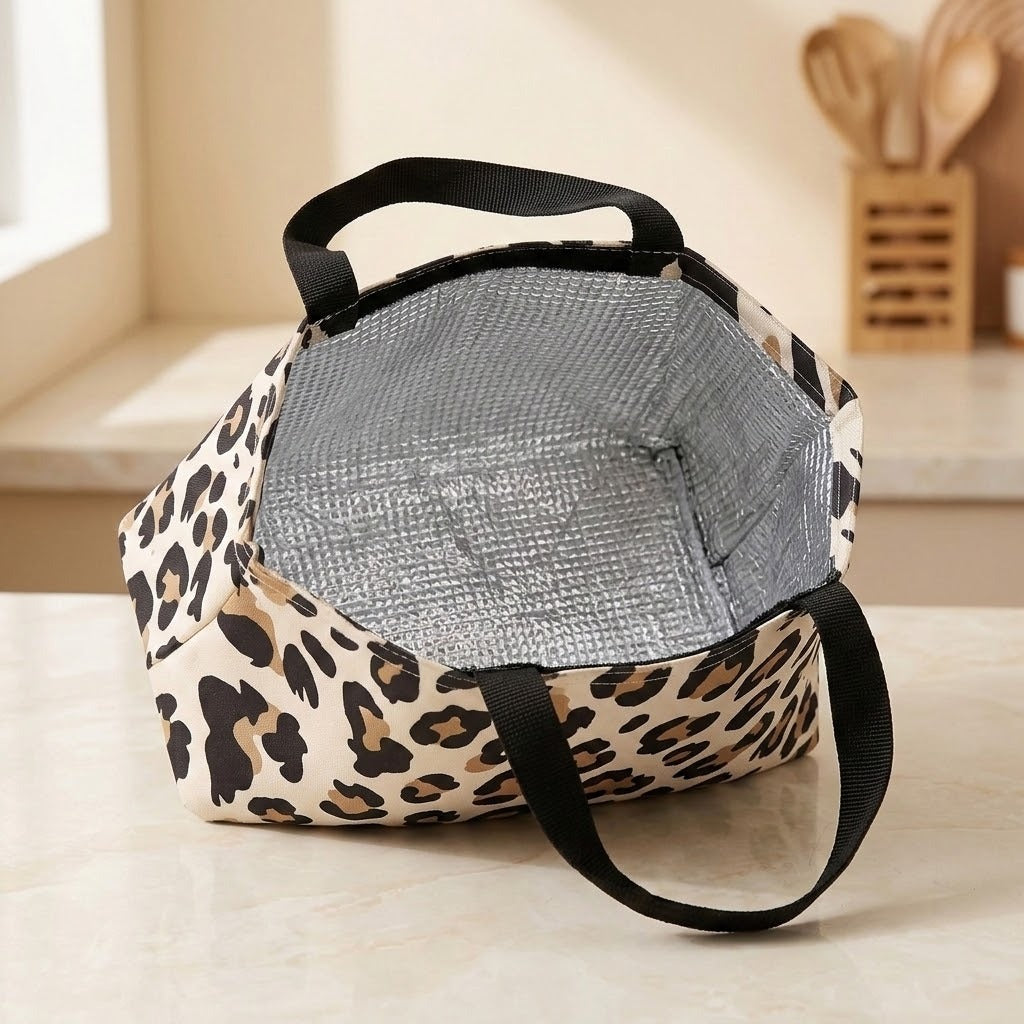 A leopard print insulated lunch bag with black handles, sitting on a light-colored countertop in a kitchen setting.
