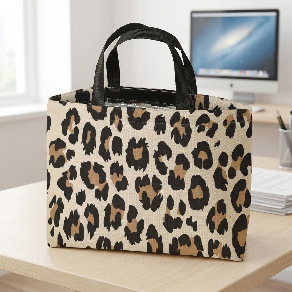 A leopard print tote bag with black handles sits on a light wood desk in front of a blurred computer monitor and office items.