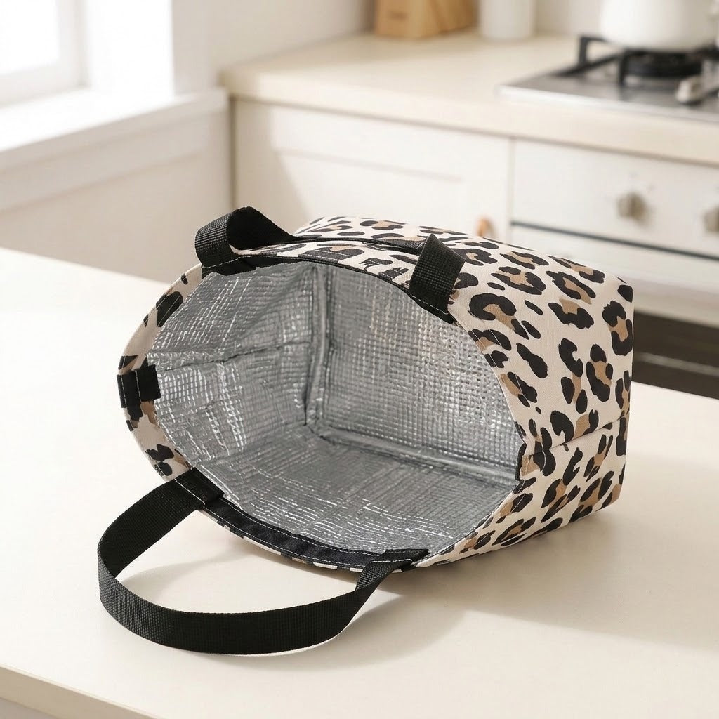 A leopard print insulated lunch bag with black handles, shown open on a kitchen counter with a silver foil lining.