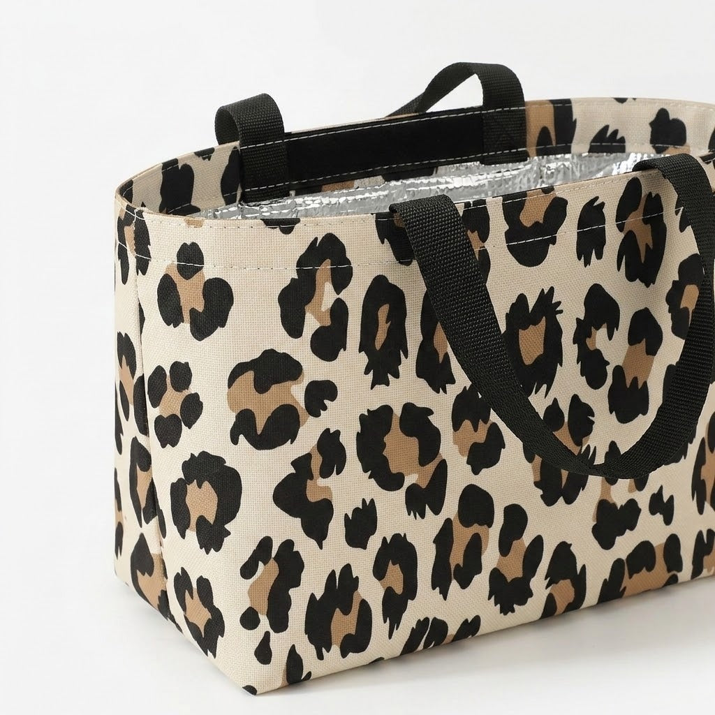 A canvas tote bag with a beige, brown, and black leopard print pattern, featuring black webbed handles and a silver foil-lined interior, shown on a plain white background.