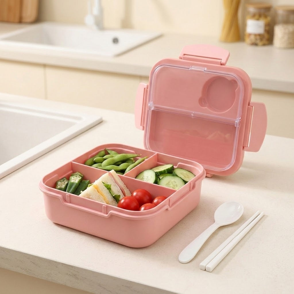 A pink compartment lunch box with a clear lid, shown open on a kitchen counter with food inside and a spoon and chopsticks beside it.