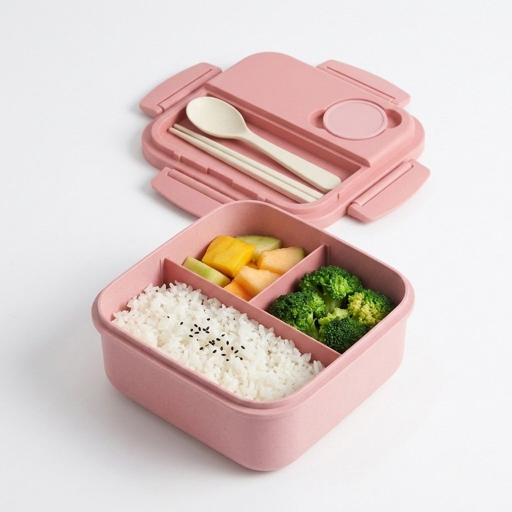 A pink compartment bento box with its lid open, shown on a clean white background. The box contains white rice with black sesame seeds, broccoli, and sliced fruit, and includes a built-in spoon and chopsticks in the lid.