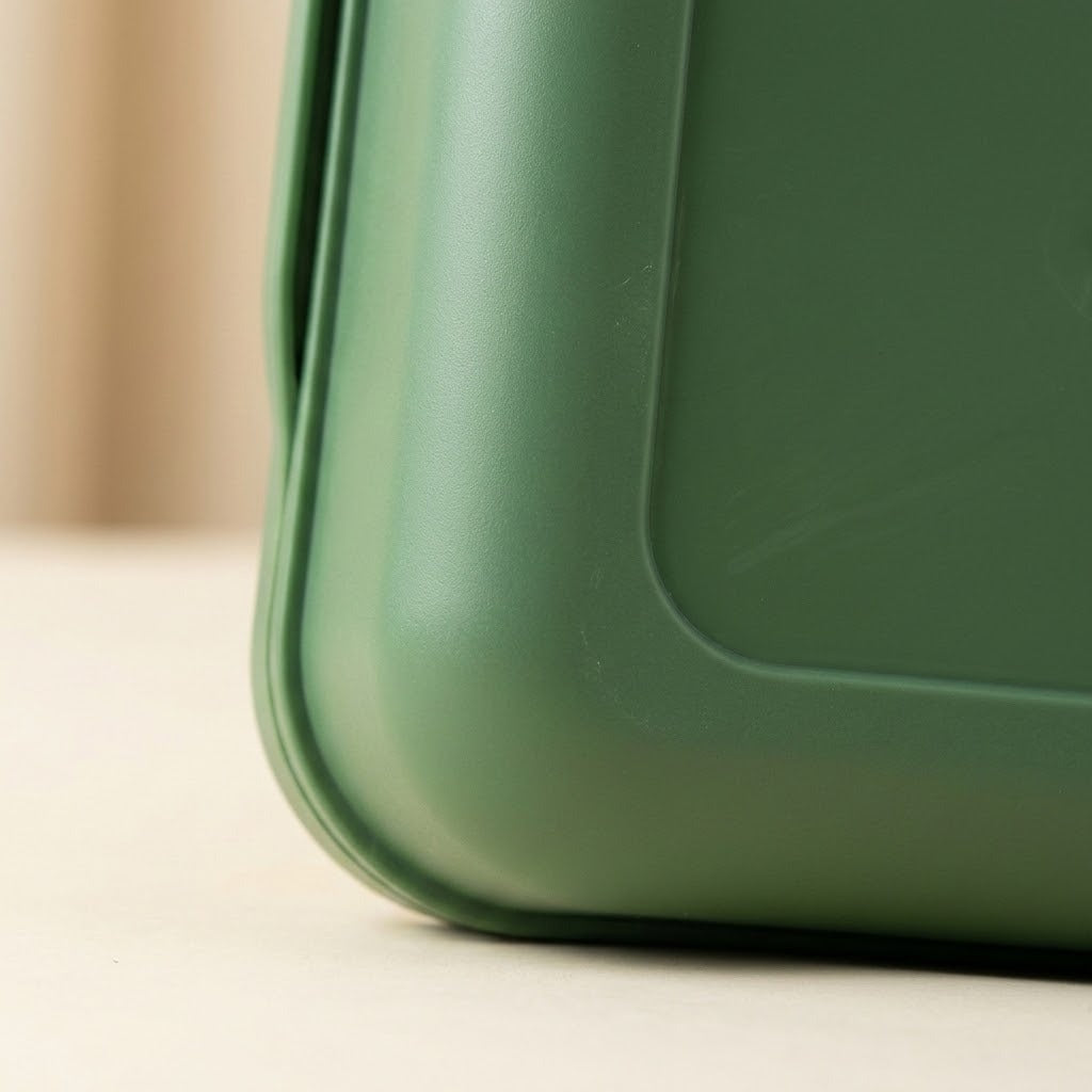 Close-up of a matte green hard-shell case corner on a light beige surface with a blurred neutral background.