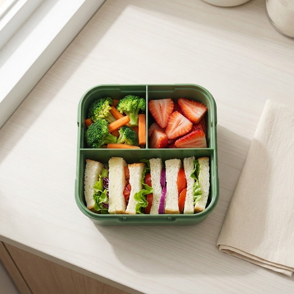 A green compartment bento box filled with a lunch meal, placed on a light wood tabletop near a window. The box contains broccoli and carrots, sliced strawberries, and three sandwich halves with bread, lettuce, tomato, and purple onion.