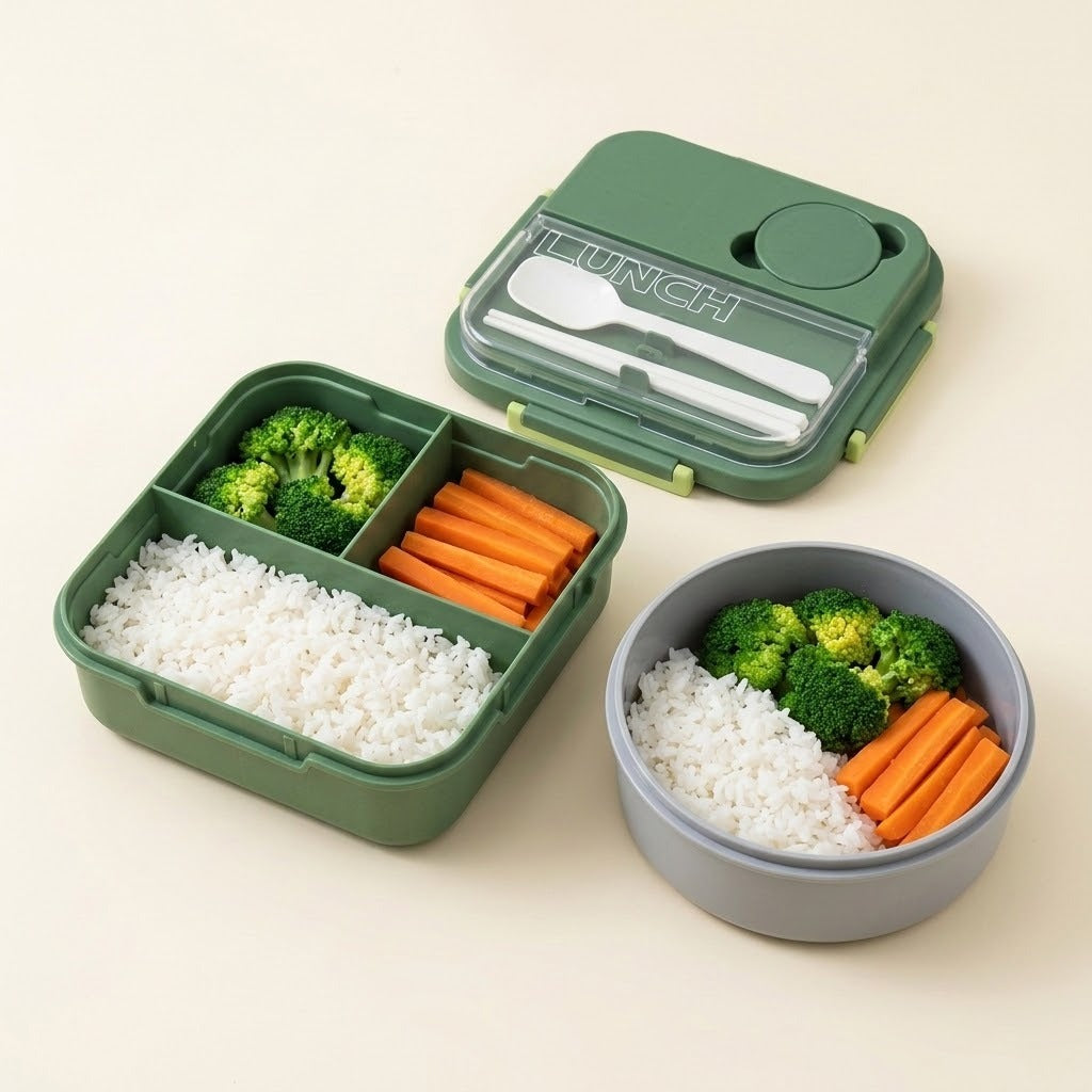 A green lunch box set shown on a light beige background, including a rectangular divided lunch container with white rice, broccoli, and carrot sticks, a round gray bowl with the same food, and the matching green lid with a white spoon and utensil set.