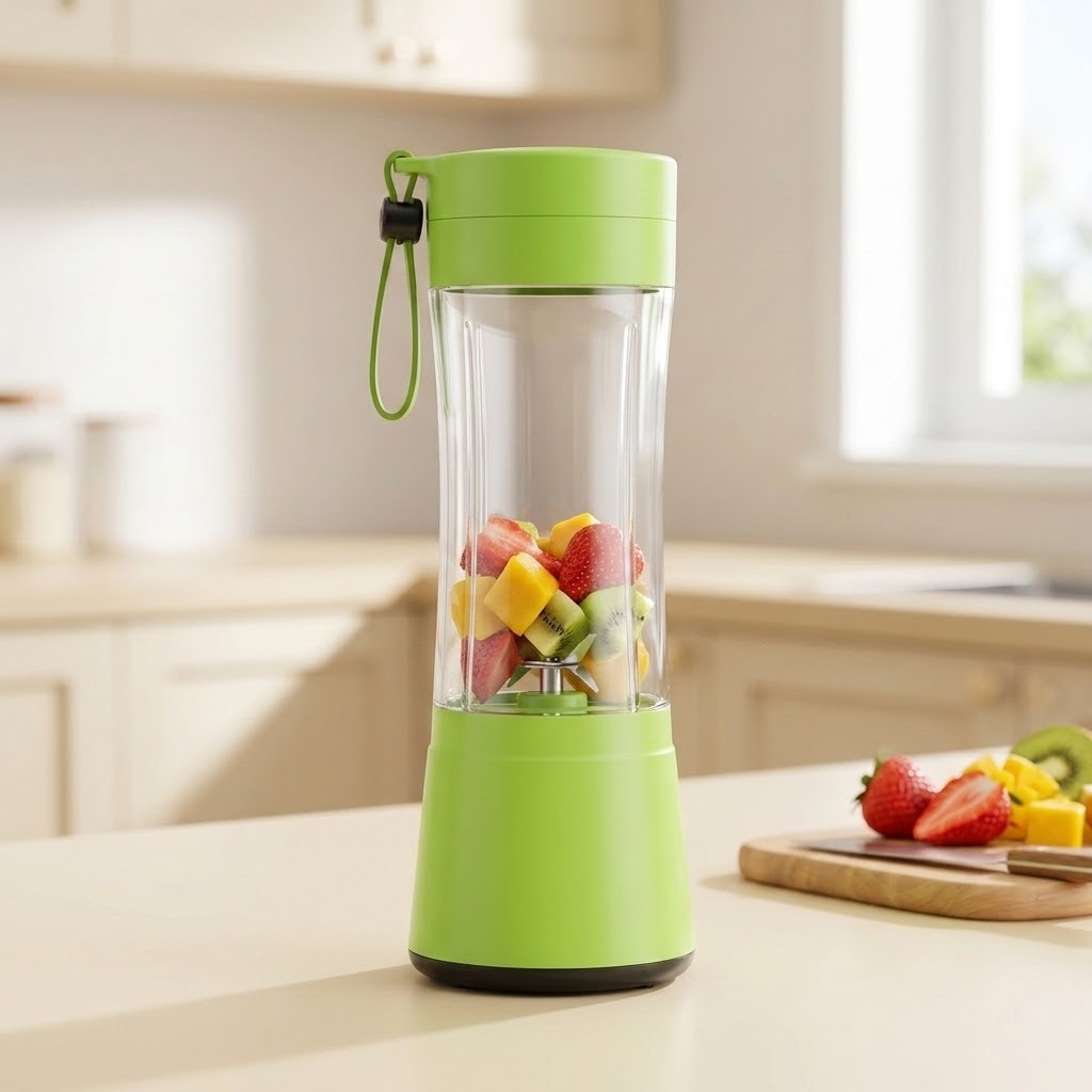 A bright lime green portable blender with a clear cup filled with mixed fruit, sitting on a kitchen counter with strawberries and fruit on a cutting board in the background.
