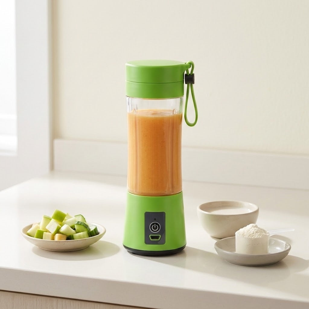 A portable electric blender with a bright green base and lid, filled with an orange smoothie, sits on a white countertop. A small bowl of chopped fruit, a cup of milk, and a plate with powder are arranged nearby in a bright kitchen setting.