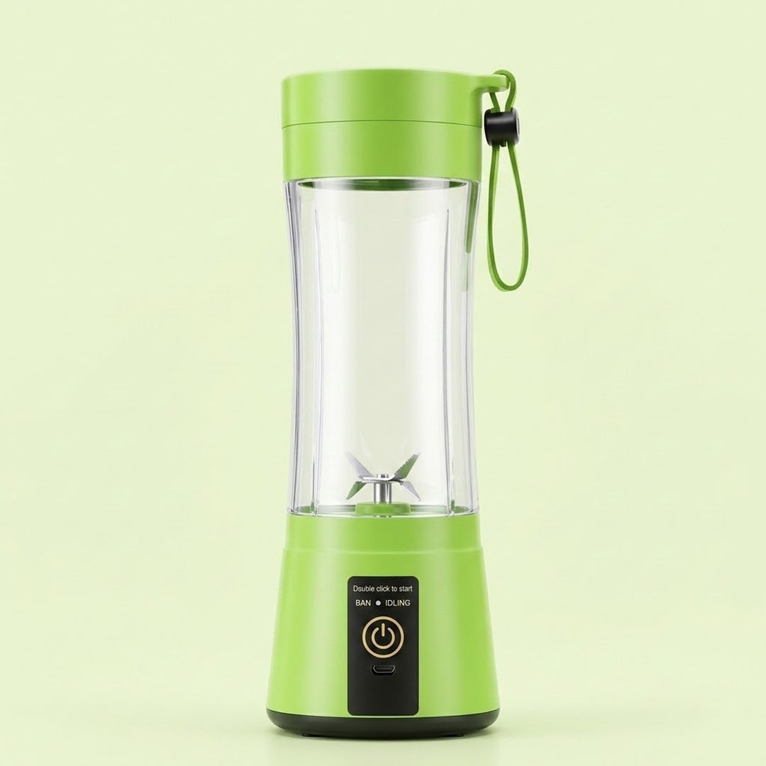 A portable electric blender with a bright lime green base and lid, a clear cylindrical jar, and a matching green carrying loop, shown on a solid pale green background.
