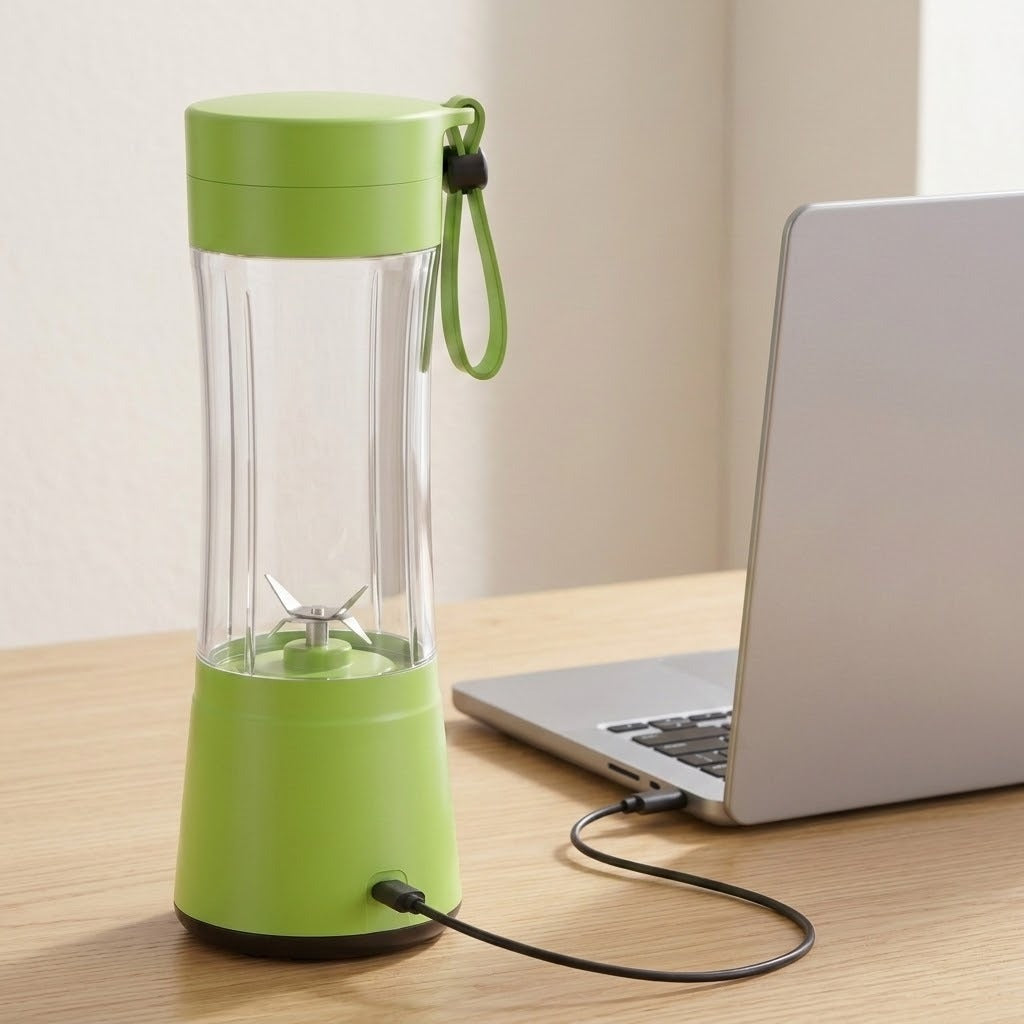 A portable electric blender with a bright lime green lid and base, a clear jar, and a matching green carrying loop, shown plugged into a laptop on a wooden desk.
