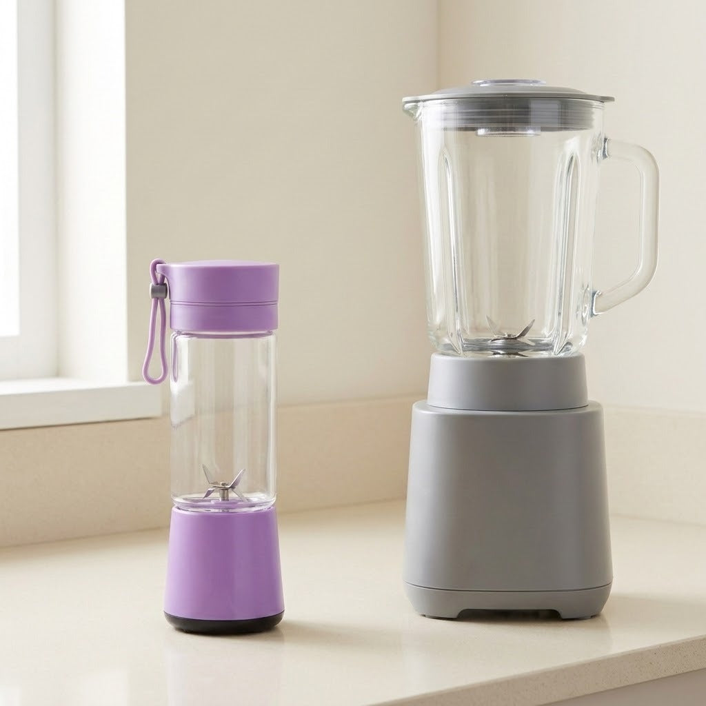 A small purple-and-clear personal blender bottle stands next to a larger gray-and-clear blender jar on a light countertop near a window.