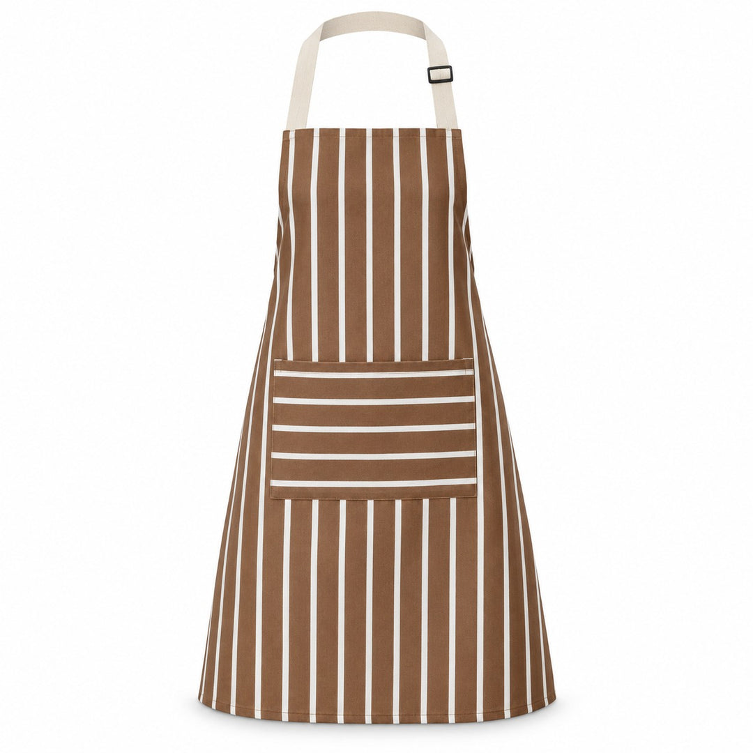 One complete brown striped kitchen apron with a front pocket and adjustable cream straps.