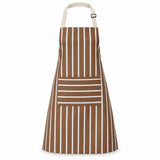 One complete brown striped kitchen apron with a front pocket and adjustable cream straps.