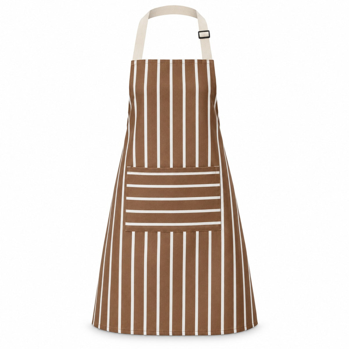 One complete brown striped kitchen apron with a front pocket and adjustable cream straps.