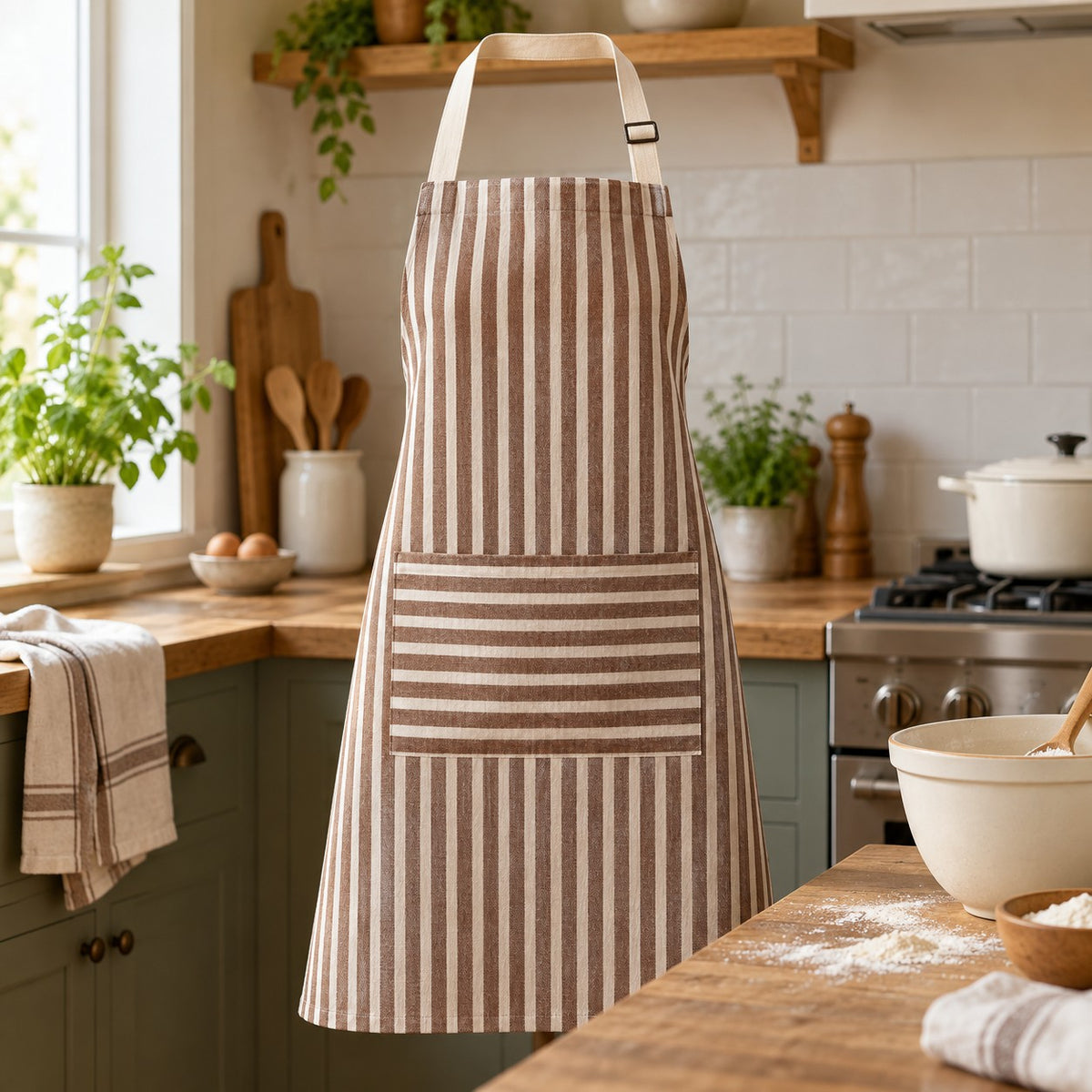 Brown striped kitchen apron protects clothing during meal preparation in a bright home kitchen.