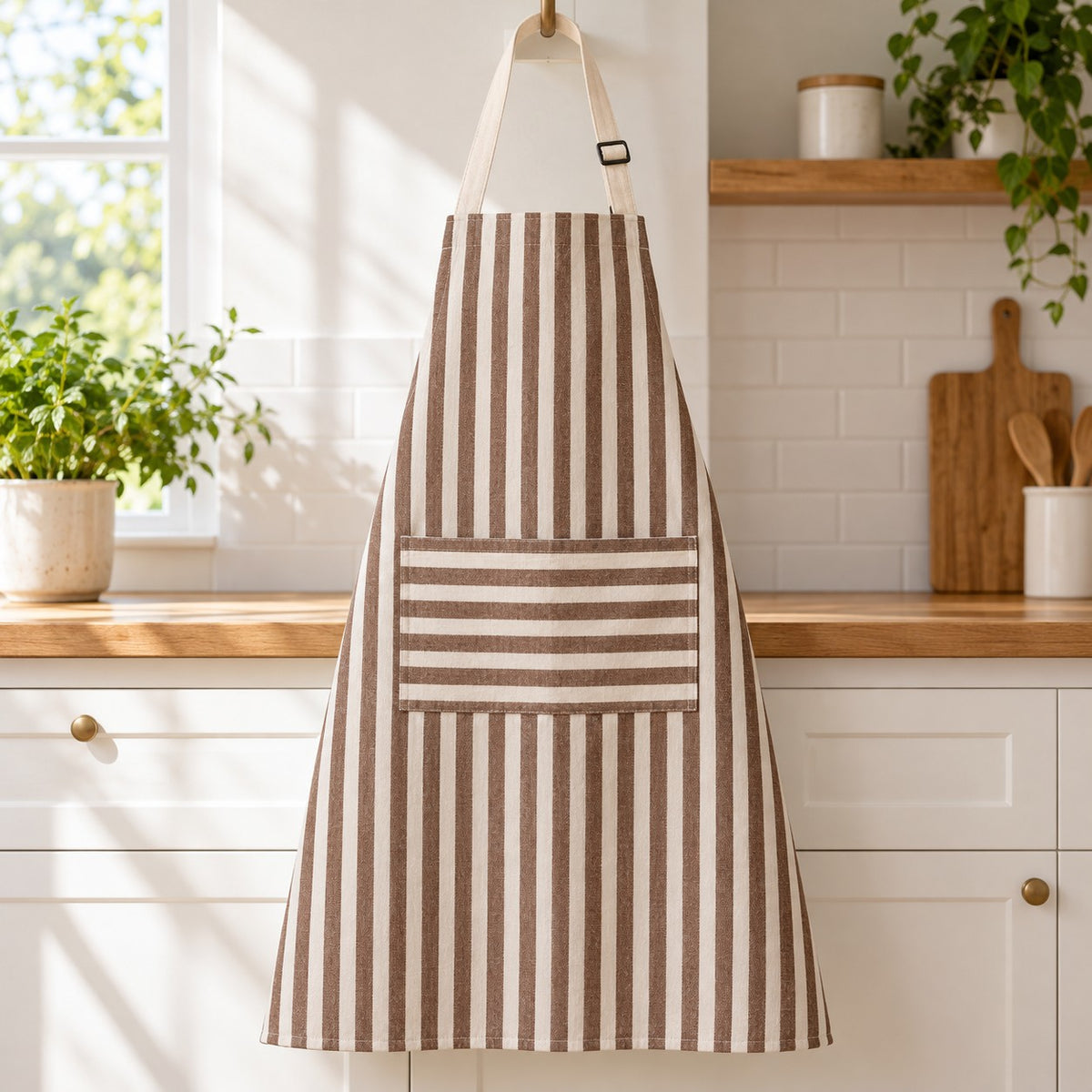 Brown striped kitchen apron highlights its roomy front pocket and adjustable neck strap.