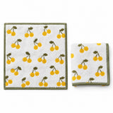 Two yellow cherry print cotton washcloths shown together on a clean white background.