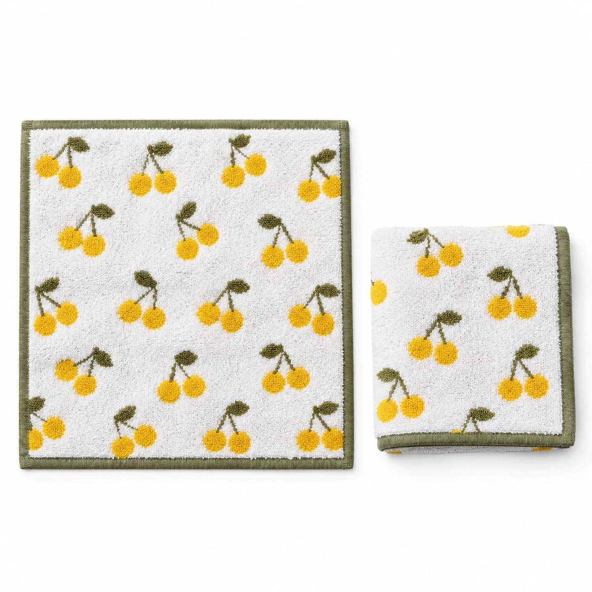 Two yellow cherry print cotton washcloths shown together on a clean white background.