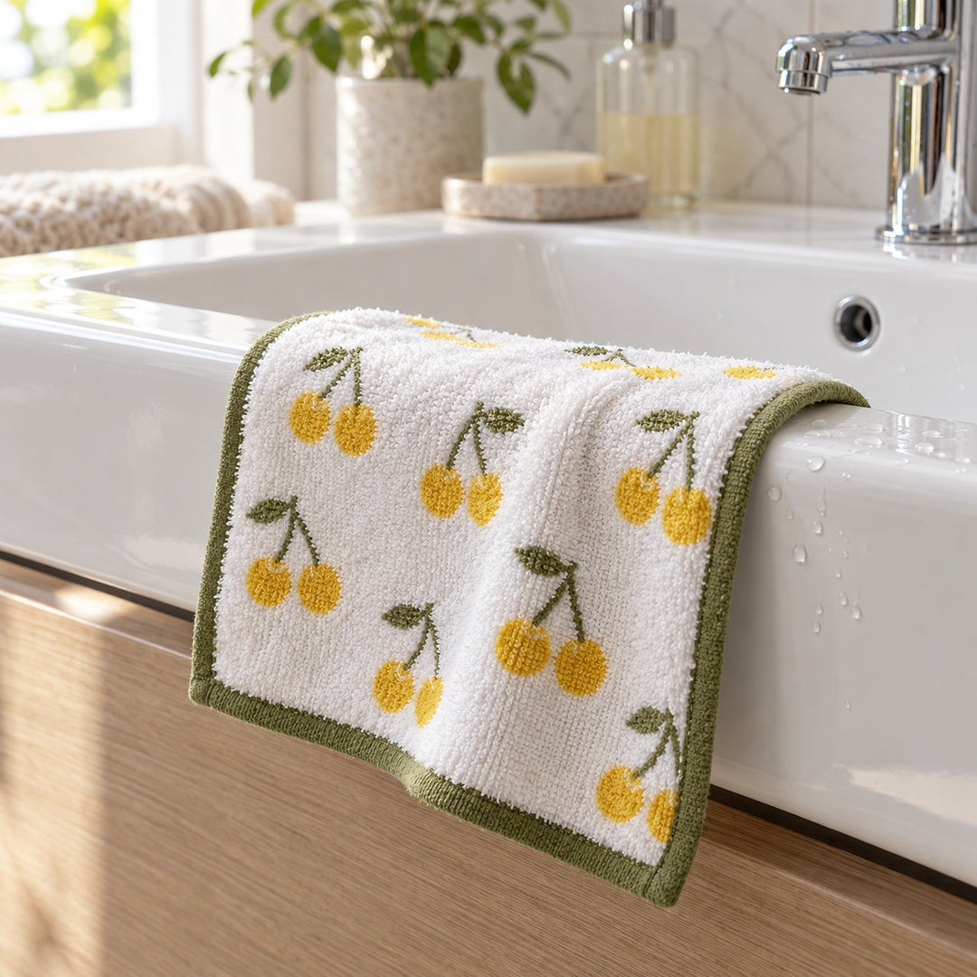 Cherry Print Cotton Washcloth beside a bathroom sink, ready to absorb splashes after handwashing.