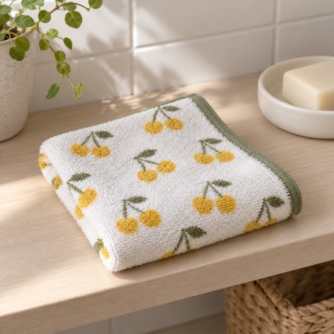 Cherry Print Cotton Washcloth folded on a bathroom shelf, ready for a face-washing routine.
