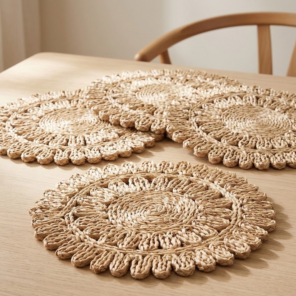 Three round woven straw placemats with scalloped edges arranged on a light wood table, with part of a wooden chair visible in the background.