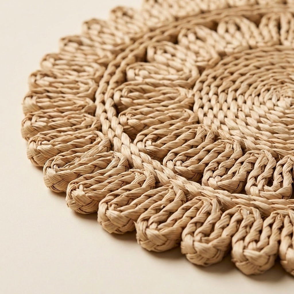 A close-up of a round woven placemat or tray made from natural straw fibers, showing a textured scalloped edge on a light beige background.