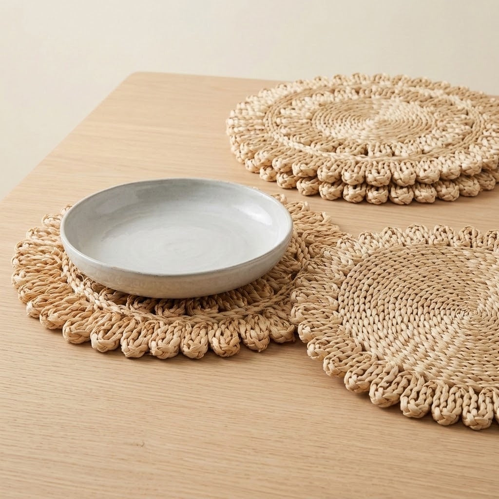 Three round woven seagrass placemats in natural beige tones arranged on a light wood table, with a small matte gray ceramic plate resting on one placemat.